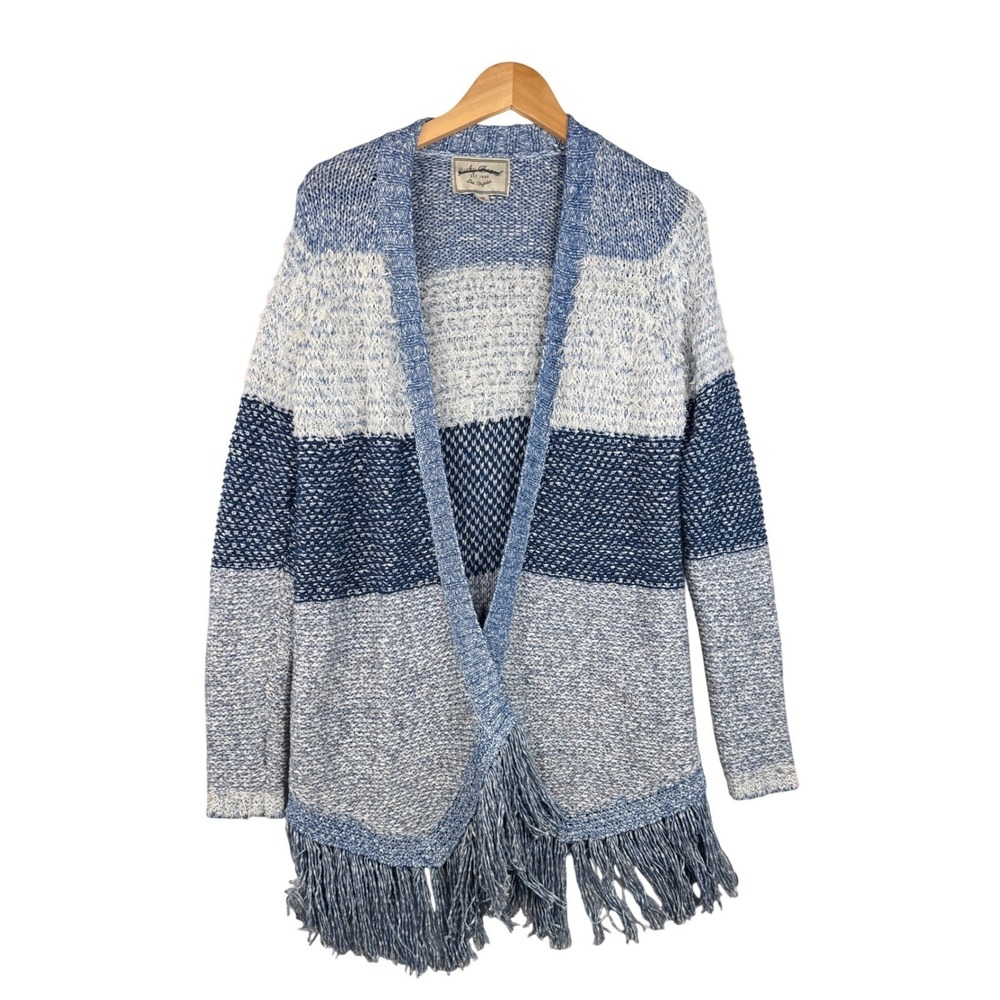 Lucky Brand Striped Open Front Fringe Trim Cardigan‎ size XS Blue/Gray